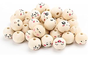 ELEKTHEIM 20mm Holzperlen mit Gesicht, 70 Stück Holzkugeln mit Gesicht, Natur Smiley Holzperlen mit Loch für diy Sorgenwurm, Glückswürmchen, Bastelarbeiten Dekorationen