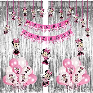 WoW Party Studio Minnie Mouse Theme Birthday Decorations Items Combo Set - 47Pcs with Banner,Silver Foil Curtains,Cutouts,Balloons - Happy Birthday Decoration Kit for Girls/Boys Birthday Decorations