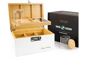 Viking Factory Caja de bambú grande con bloqueo de combinación, cerradura de caja decorativa para el hogar, bandeja | tarros de cristal | herramienta de accesorios (24 * 18 * 14cm Blanco)