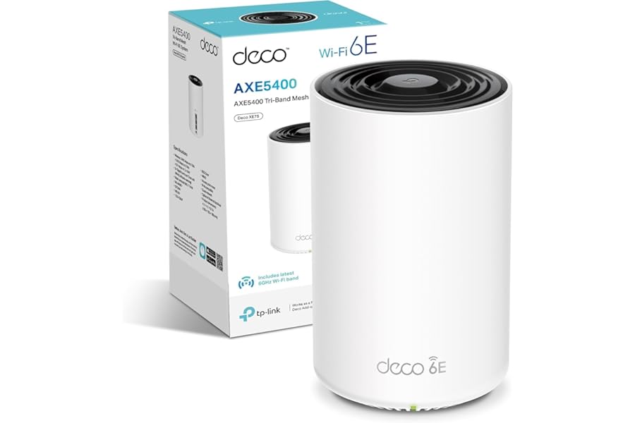 TP-Link Deco XE75 AXE5400Mbps WiFi 6E Mesh System, 8K/4K Streaming, Online Meeting, AI-Driven Mesh, Deco Extender, Covers 2,900 ft2, Connect 200 Devices, Alexa, Easy Setup, Homeshield