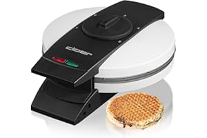 Cloer 1641S Gaufrier Stroop pour gaufres Stroop hollandaises, 850 W, Plaques de cuisson 14,5 cm Ø, Lumière de cuisson, Temps de cuisson réglable à l‘infini, blanc