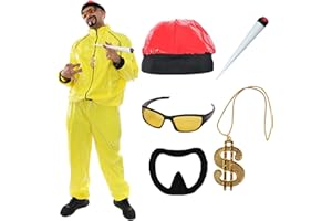 I LOVE FANCY DRESS 90s Rapper Costume - Adults Yellow & Black Shell Suit + Red Hat + Sunglasses + Dollar Chain + Jumbo Spliff + Black Goatee - Funny Rapper Halloween Stag Do Fancy Dress Costume