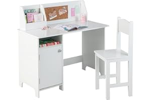 LIFEZEAL Scrivania per Bambini con Sedia in Legno, Tavolino da Cameretta con Armadietto e Sedia Ergonomica con Schienale Alto per Bimbi, Tavolo con Libreria e Sedia per Ragazzi su 3 Anni, Bianco