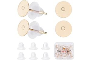 Beebeecraft 200 uds./Caja de Ajustes de Cabujón para Aretes, Acero Inoxidable Chapado En Oro de 24 Quilates, Poste de Bisel para Aretes En Blanco con 200 Tuercas de Plástico(Bandeja: 6 mm)