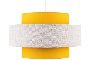 MINISUN Modern Cylinder Ceiling Pendant Light Shade in a Mustard & Grey Herringbone Finish - Complete with a 10w LED GLS Light Bulb [3000K Warm White]