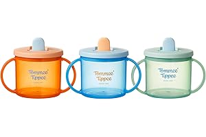 Tommee Tippee First Cup, 190ml, Non-Spill Sippy Cup for Babies 4 Months+, with Free-Flow Flip-Down Spout and Easy to Hold Handles, Orange, Blue and Green, 3 Pack