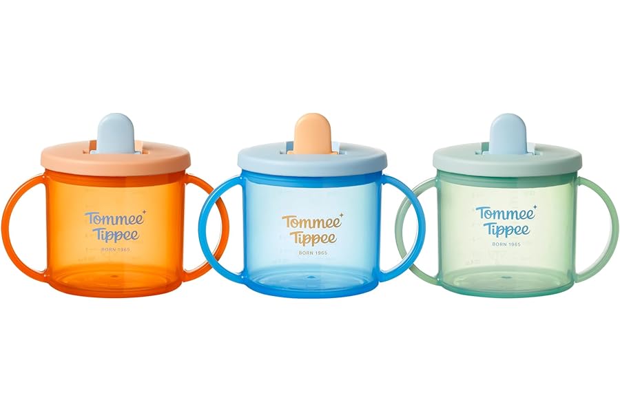 Tommee Tippee First Cup, 190ml, Non-Spill Sippy Cup for Babies 4 Months+, with Free-Flow Flip-Down Spout and Easy to Hold Handles, Orange, Blue and Green, 3 Pack