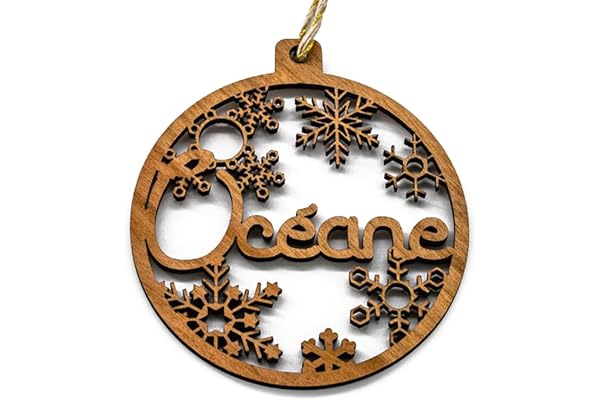 Djoiadesign Boule de noël personnalisée en Bois, prénom en découpe Laser, étui Cadeau en Option
