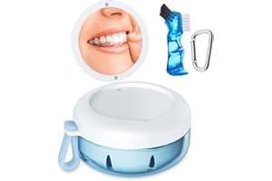 SEANCHEER Denture Bath Box, Retainer Case for Braces, Leakproof Portable Retainer Box, Denture Cleaning Kit with Cleaner Brush Carabiner, Strainer & Mirror, Denture Cup for Aligner Retainer Mouth Guard