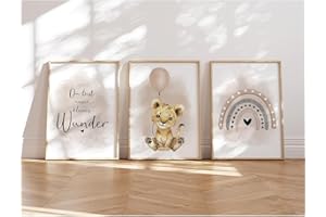 MeinBaby123® I Bilder Kinderzimmer | 3er Set DIN A4 Poster Set | Wandbilder | Kinderzimmer Poster | Deko Bilder Kinderzimmer Mädchen und Jungen | Wandposter Premium (Löwe & Luftballon beige)