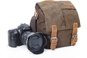 YUHAN Camera Bag, Vintage Canvas Camera Shoulder Bag Waterproof Leather Trim DSLR SLR Shockproof Camera Messenger Bag Brown