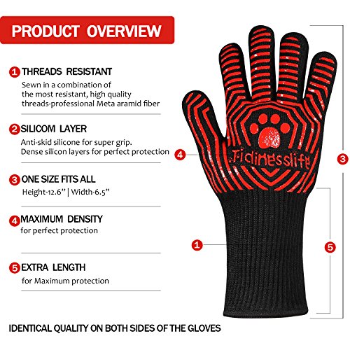 Tidinesslife Grillhandschuhe BBQ Handschuhe extrem hitzebeständige Ofenhandschuhe Red - 2