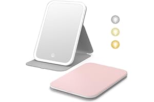 Kintion Travel Makeup Mirror, Portable LED Lighted Makeup Mirror, 360° Rotation Touch Screen, 3-Color Dimmable Lighting, Rechargeable Tabletop Folding Vanity Mirror, Pink