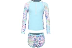 ranrann Enfant Fille Maillot de Bain 2 Pièces Anti UV Protection Solaire T-Shirt Manches Longues et Short de Bain 3-16 Ans