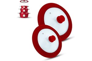 M.S.N Zestaw 2 uniwersalnych pokrywek szklanych, 2-częściowy, garnki i patelnie 16/18/20 cm i 24/26/28 cm, z zaworem wylotowym i silikonową krawędzią. (czerwony, 16/18/20-24/26/28 cm)