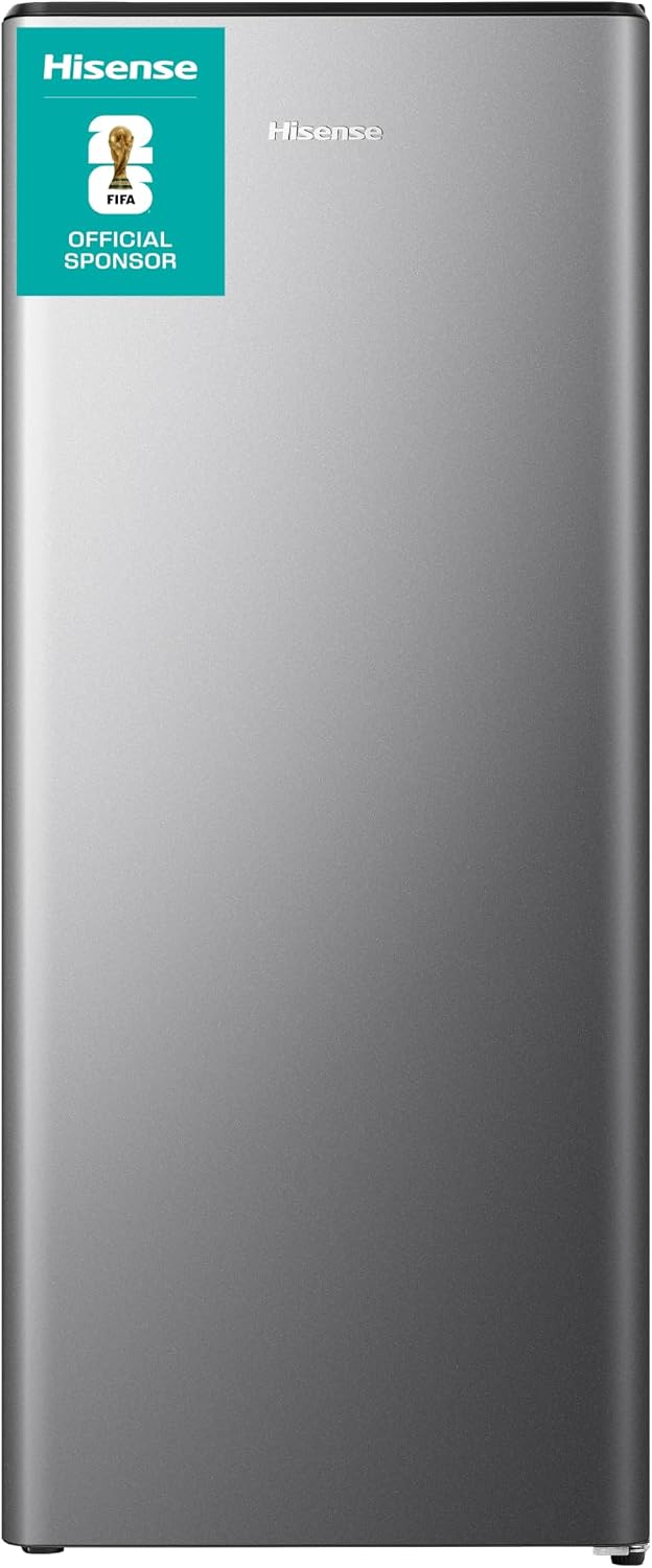Hisense RR220D4BDE 52cm Freestanding Retro Fridge - 165-litre capacity with 4 star Ice box- Auto Defrost - Wine Rack - Silver - E Rated, H128 x W51.9 x D51.3