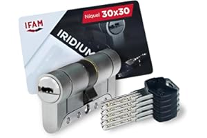 IFAM Cilindro Puertas Iridium, 30x30mm, Leva 15mm, Bombin Cerradura Seguridad, 5 Llaves, Doble Protección Antirotura, Antitaladro y Antiganzúa, Doble Sistema Antibumping, Perfil Europeo, Color Níquel