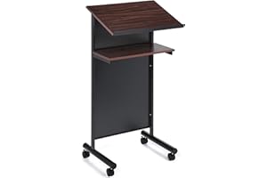 Audio-Visual Direct Wheeled Lectern Podium - Standing Desk with Storage Shelf - Cherry/Black - Ideal for Presentations and Laptop Use
