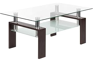 MOG CASA Mesa de Centro Porter Moderna con Tapa de Cristal Transparente y Base de Metal Nogal, Nuez/Marrón (100x60 cm)