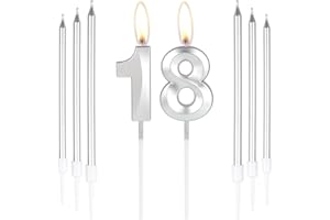 mciskin Srebrna świeczka urodzinowa 18 - numer 3D 18 świeca na tort z 6 szt. zestaw długich i cienkich świec, srebrna dekoracja tortu dla dziewczynki chłopca 18. urodziny akcesoria do dekoracji, 18