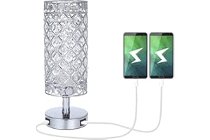 Tomshine Crystal Bedside Table Lamp with Dual USB,Modern Sliver Light E27 Glitter Lampshade with 2 USB Port Bedroom Nightstand Light for Bedroom,Living Room,Guest Room LT070