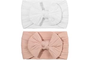 YOFASEN 2 Stück Haarband - High Elastisches Baby Mädchen Schleife Stirnbänder - Weiche Turban Babyschmuck (Rosa+Weiß)