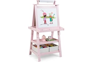 ‎LIFEZEAL LIFEZEAL 3 in 1 Kindertafel, Staffelei Kinder mit Doppelseitiger Tafel, Standtafel mit 2 Ablageebenen, Whiteboard & Kreidtafel & Papierrolle, Maltafel mit 2 Aufbewahrungsboxen, Magnettisch (Rosa)