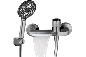 Btstil Bateria wannowa wodospad ze słuchawką prysznicową, armatura prysznicowa z podwójnym sterowaniem ciepłą i zimną, armatura wannowa, termostat, mosiądz, chrom, bateria mieszakowa, prysznic do