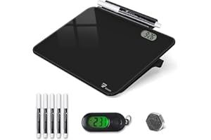 TOWON Small White Board for Desk with Clock, Small Desktop Whiteboard Glass with Pen Holder, Time Reminder Dry Erase Board, Whiteboard for Desk, Digital LCD Display, for Home Office, Black, 20x15 cm