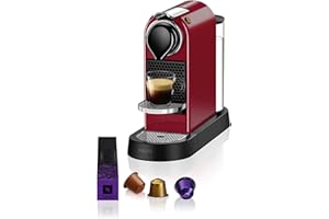Krups Nespresso Citiz - cafetera de cápsulas monodosis, con 19 bares de presión, thermoblock, función automática con botones retroiluminado, color granate, modo Eco, Incluye kit bienvenida