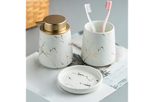 FORIDE Marmor Badezimmer Zubehör Set - 3 teiliges Keramik Bad Zubehör Komplettes Set Luxus Bad Zubehör mit Seifenspender, Zahnbürstenhalter, Becher, Seifenschale (Matt Weiß (3 Stück))
