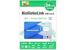 EIOTCLUB Carte SIM Prépayée Carte SIM Internationale 24 Go 360 Jours pour être utilisée en Europe et aux États-Unis， Données Uniquement, Haut débit 5G/4G LTE, Rechargeable