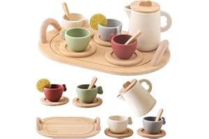 OESSUF Juego de Té de Madera para Niños y Niñas, Accesorios de Cocina para Niños, Juego de Té Apto para Lavavajillas