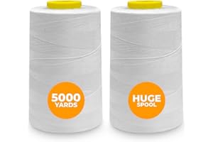 Weemex 2 Bobinas grandes de Hilo de Coser Blanco de Poliéster | 11 opciones | para Máquina Remalladora, overlock, Singer, Janome, etc | hilo de 5000 Yardas cada uno 40S/2 para todo Propósito (2 White)