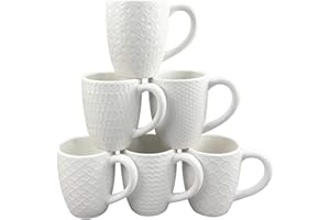 Hoikwo Juego de Tazas de Café de Porcelana Blanca Elegante - Capacidad de 380 ml con Diseños de Texturas Variadas, Ideal para Hogar y Oficina - Apta para Lavavajillas y Microondas - Set de 6