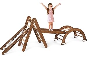 GOODEVAS 4 in 1 Montessori Indoor Klettergerüst & Set für Kleinkinder - Hölzernes Pikler Dreieck, Rundbogen & Kletterrampe & Netz Indoor Play Gym für Kinder - Baby Spielzeug Jungle Gym für Kleinkinder
