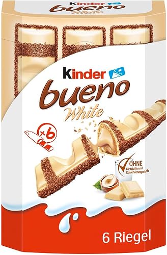 Kinder Bueno White 6 Waffle Bars with White Chocolate, Delicate Crisp Sleeve and Creamy Milk Hazelnut Filling - Sweets for Carnival, Fancy Dress - 117 g
