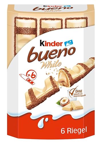 Kinder Bueno White 6 Waffle Bars with White Chocolate, Delicate Crisp Sleeve and Creamy Milk Hazelnut Filling - Sweets for Carnival, Fancy Dress - 117 g
