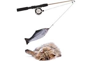BEIJIALY Giocattolo per Canna da Pesca con Caster per Gatti, Canna da Pesca Retrattile Giocattolo per Gatti con Mulinello, Giocattolo per Bacchetta Teaser per Gatti(Salmone + Canna da Pesca)