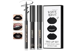 MORNERY 3Pcs Black Matte Liquid Lipstick and Lip Liner Set - Black Lip Gloss Stain Lipliner Set, Moisturizing Velvet Liquid Lipstick/Non-Stick Cup Lipgloss for Halloween Goth Makeup