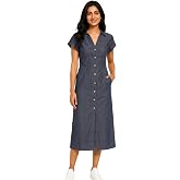 BOHO NOVA Women's Dark Blue Denim Midi Dress | Collared Button Down Casual Denim Dress with Short Sleeves & Side Pockets | Co