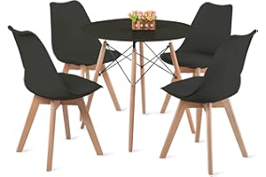 ‎H.J WEDOO H.J WeDoo Esstisch Rund mit 4 Eiche Stühlen Küchentisch Wohnzimmertisch Holztisch Tisch Set für Wohnzimmer Küche Büro Schwarz