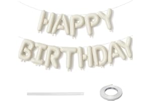 LINGQIANG Cream Happy Birthday Balloon Banner, Neutral Beige Foil Balloon, 16 Inch Ivory White Sand Birthday Bunting Banner Letter Balloons for Men Women Party Decorations