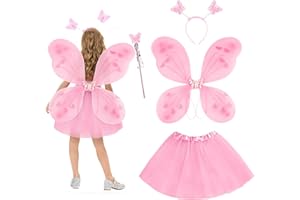 AYBUY Skrzydła wróżki, kostium dla dzieci, skrzydła motyla z tutu, magiczna różdżka i opaska na głowę, zestaw spódnic wróżki, przebranie dla dziewcząt