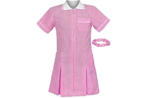 Hamishkane® Girls Gingham School Dress, Short Sleeve Pleated School Uniform Girls, Kids Check Print Zip up Gingham Summer Dress with Pockets and Hair Bobble (Scrunchie), Ages 3-20