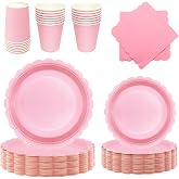 PYAILI 96-Piece Light Pink Dinnerware Set for 24 Guests | Includes plates, cups and napkins, suitable for children's birthday
