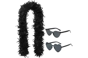 ZPSCXQ Black Feather Boa, 2 Metre Long Turkey Feather Boa With Heart Shaped Sunglasses, Costume Accessory For Halloween, Christmas, Cosplay And Stage Performances