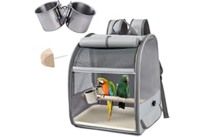 AZULLANSE Transportbehälter für Vögel,Rucksack für Vögel mit Holzstab,Vogel transportbox,mit Edelstahl-Clip-Cups,tragbare Vogelträger Reisetasche,1 Backenzahnstein,1 Kunststoffpalette