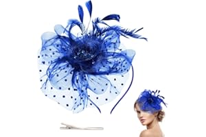 Fanshiontide Women's Fascinator Hat, Flower Feather Mesh Veil Clip Headband Cocktail Party Headwear Hair Fascinators for Wedding,Ascot,Races Blue