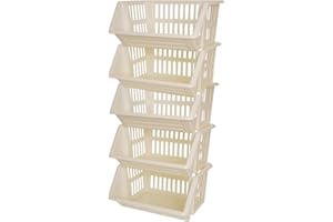 ZARVICZONIA Large Stacking Storage Baskets Veg Rack, Durable Plastic Stackers, Dimensions: 36 cm (L) x 30 cm (D) x 17.5 cm (H) (Cream, Pack of 5)